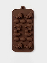 Форма для конфет и шоколада Доляна «Зайцы, утки и яйца», силикон, 22×10.2×1.4 см, 14 ячеек, коричневая